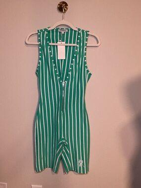 Green & White Striped Sleeveless Romper with Front Zip
